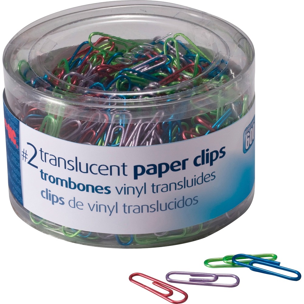 OIC97211 - Translucent Vinyl Paper Clips won't leave marks on paper. Paper clips offer superior holding power with a translucent metallic finish. Assorted colors include blue, purple, green, red and silver. More from the Manufacturer