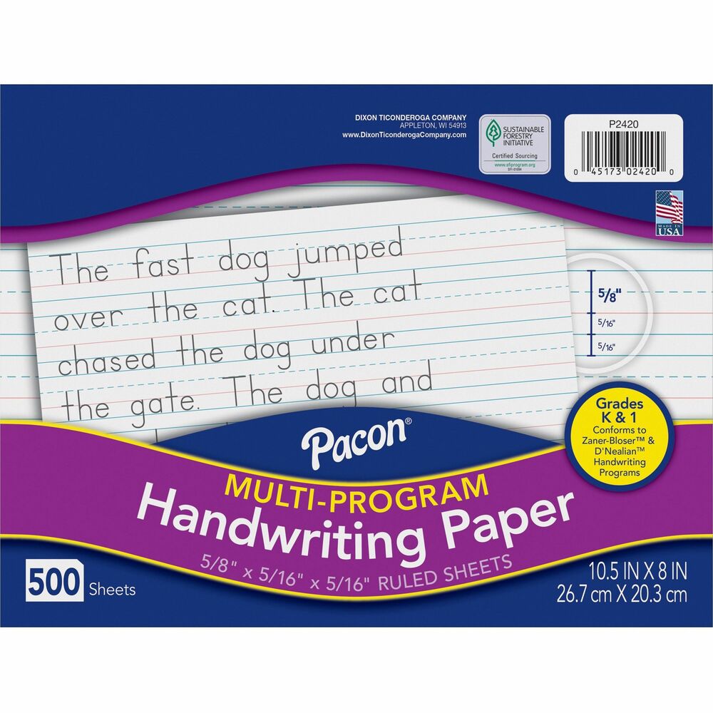 PAC2420 - Handwriting Paper offers rulings that conform to the multiple handwriting programs. Bright tablet paper is ruled on both sides with red baselines, blue dotted midlines and blue headlines. Design includes 5/8" (long way) ruling, 5/16" dotted midline and 5/16" skip space. Recyclable paper is designed for use with students in kindergarten (D'Nealian) and first-grade (Zaner-Bloser).