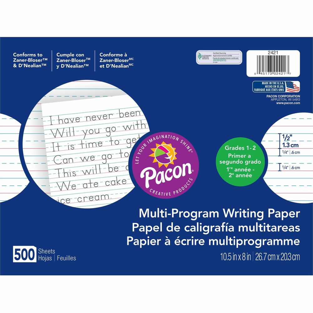 PAC2421 - Handwriting Paper offers rulings that conform to the multiple handwriting programs. Bright tablet paper is ruled on both sides with red baselines, blue dotted midlines and blue headlines. Design includes 1/2" (long way) ruling, 1/4" dotted midline and 1/4" skip space. Recyclable paper is designed for use with students in first-grade (D'Nealian) and second-grade (Zaner-Bloser).