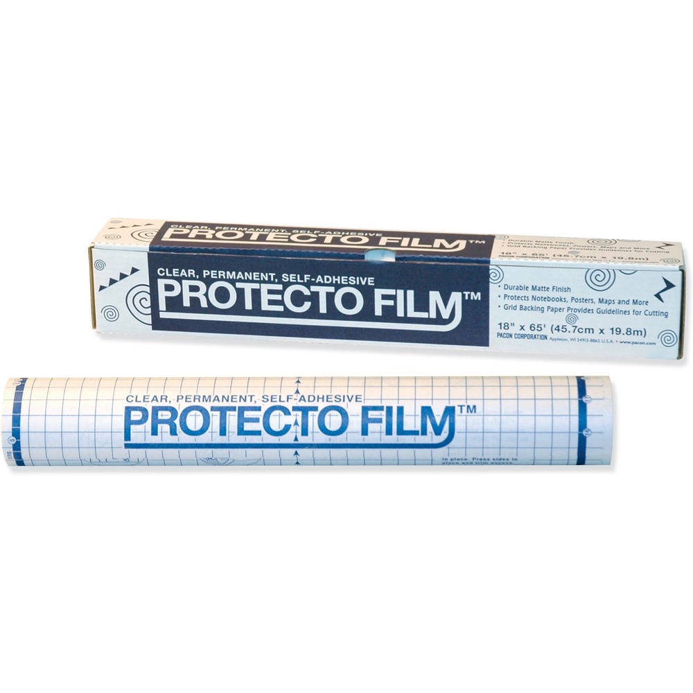 PAC72350 - Clear, nonglare plastic film adheres in 24 hours. Use Protecto Film to shield items from wear and damaging dirt. Protect posters, graphs, maps, covers and presentations. Quick-release backing has both inch and centimeter rulings for easy measuring and cutting.