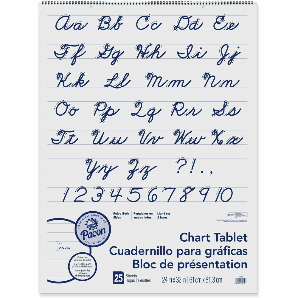 PAC74610 - Chart tablet features each uppercase and lowercase letter of the alphabet written in cursive as well as numbers 1 through 10. Students can practice writing using these examples on the white sulphite bond paper that is 1" ruled the short way on both sides. Spiral-bound, stiff cover provides sturdy support. Recyclable tablet is also two-hole punched.