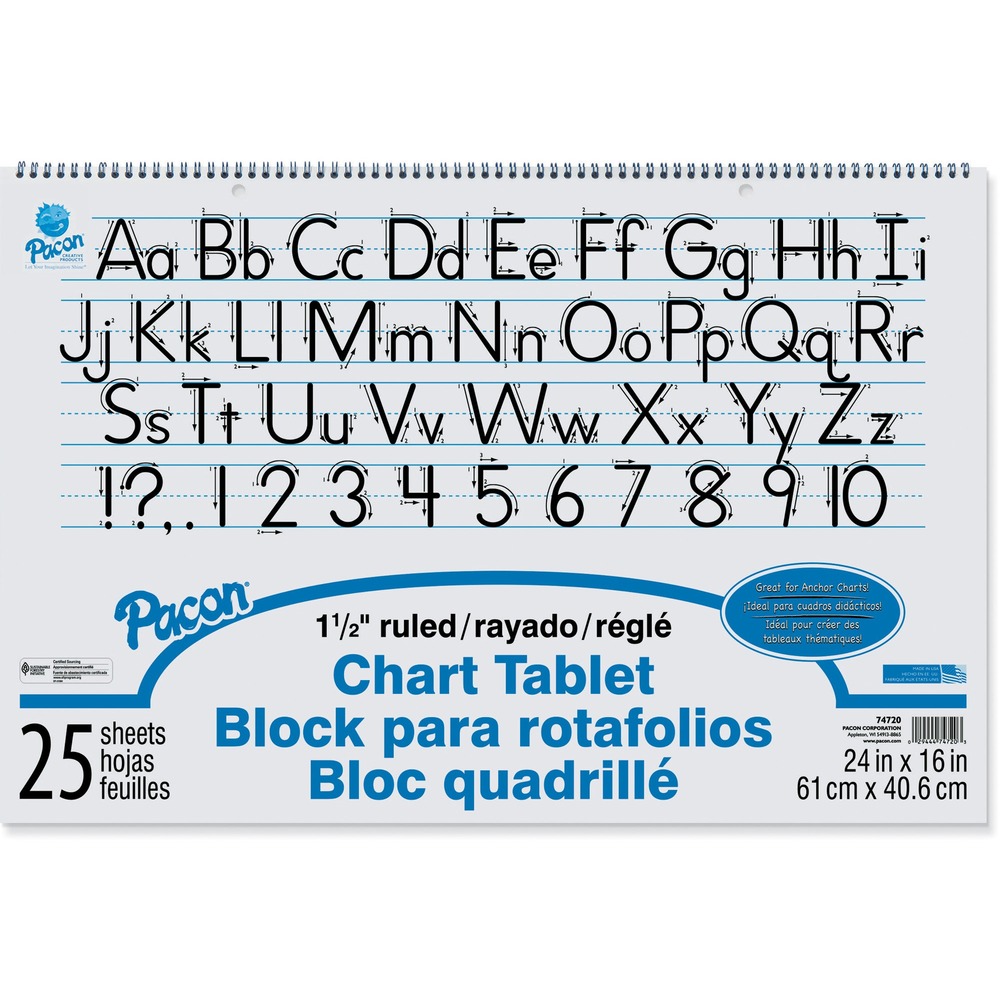 PAC74720 - Chart tablet features each uppercase and lowercase letter of the alphabet written in manuscript as well as numbers 1 through 10. Students can practice writing using these examples on the white, sulphite bond paper that is 1-1/2" ruled on both sides. Ruling also includes 3/4" broken midline and 1/2" skip space. Spiral-bound, stiff cover provides sturdy support. Recyclable tablet is two-hole punched.