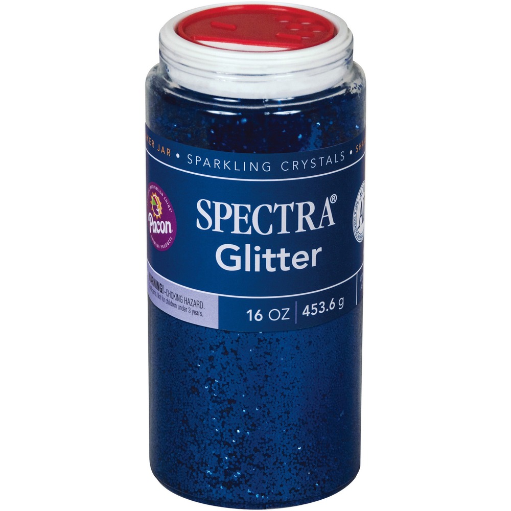 PAC91750 - Glitter crystals are made of 0.040 size plastic pieces that are hexagon-shaped. Glitter is nontoxic and conforms to ASTM D-4236. Plastic dispensing jar offers a variety of slot openings to make the glitter easy to use without a lot of mess.