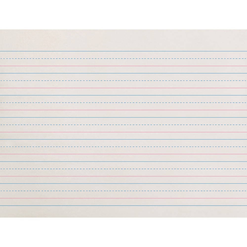 PACZP2611 - Zaner-Bloser Broken Midline Paper offers an excellent way for first-graders to practice their handwriting and create stories. This paper is printed with a red baseline and a broken blue midline, making it easy for students to identify the headline quickly. Both sides are printed with a 5/8" ruling (short way), 5/16" dotted midline and 5/16" skip space. Recyclable paper is made of clean white newsprint.