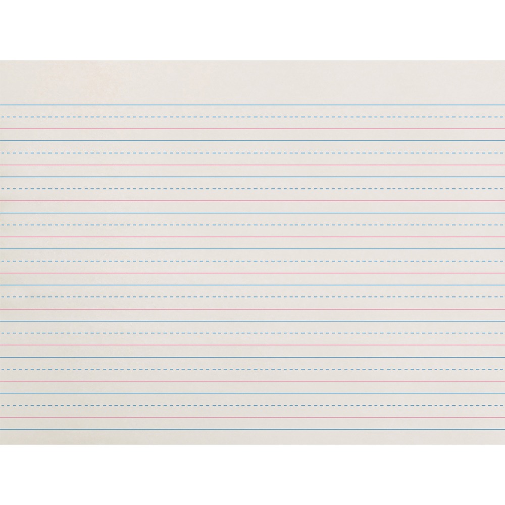 PACZP2612 - Zaner-Bloser Broken Midline Paper offers an excellent way for second-graders to practice their handwriting and create stories. This paper is printed with a red baseline and a broken blue midline, making it easy for students to identify the headline quickly. Both sides are printed with a 1/2" ruling (long way), 1/4" dotted midline and 1/4" skip space. Recyclable paper is made of clean white newsprint.