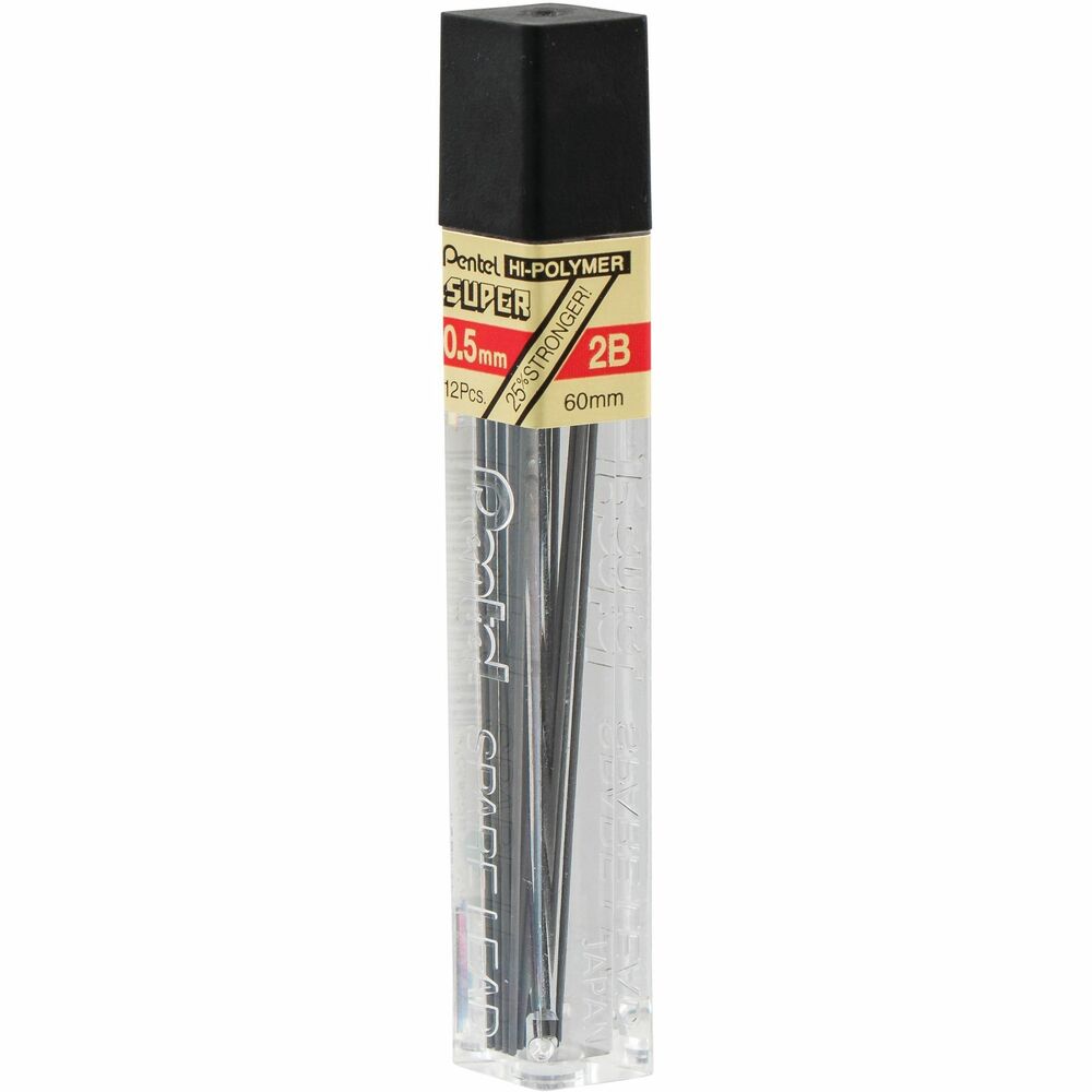 PENC5052B - Super Hi-Polymer Lead Refills produce crisp lines of consistent darkness, smoothness and density in 0.5mm mechanical pencils. Each super-strong lead writes as far as an entire wooden pencil and produces a dark line. A 12-piece tube is equivalent to 12 wooden pencils.