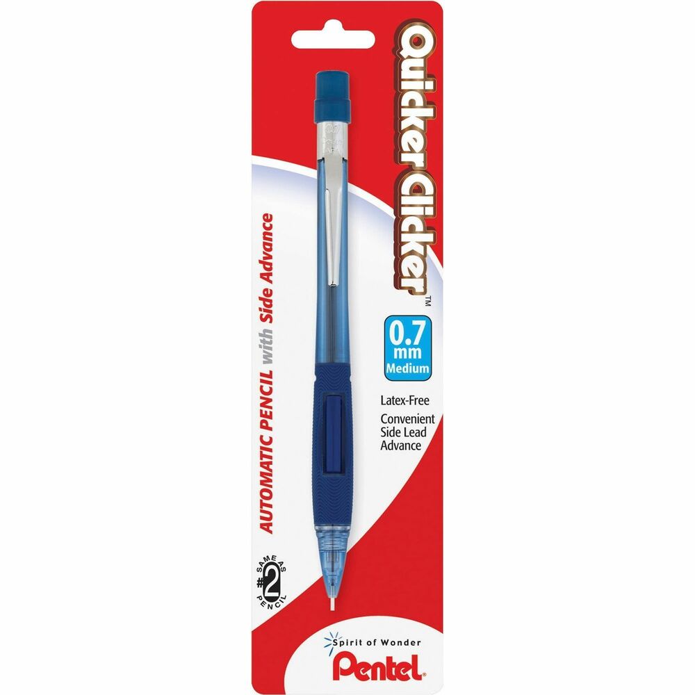 PENPD347TC - Quicker Clicker Mechanical Pencil offers a unique side-action button that advances lead without changing the normal writing position. Pencil design features a latex-free rubber grip, large stationary eraser, stationary tip and fixed sleeve. Mechanical pencil is refillable with Pentel Super Hi-Polymer Lead and PDE-1 large refill eraser.