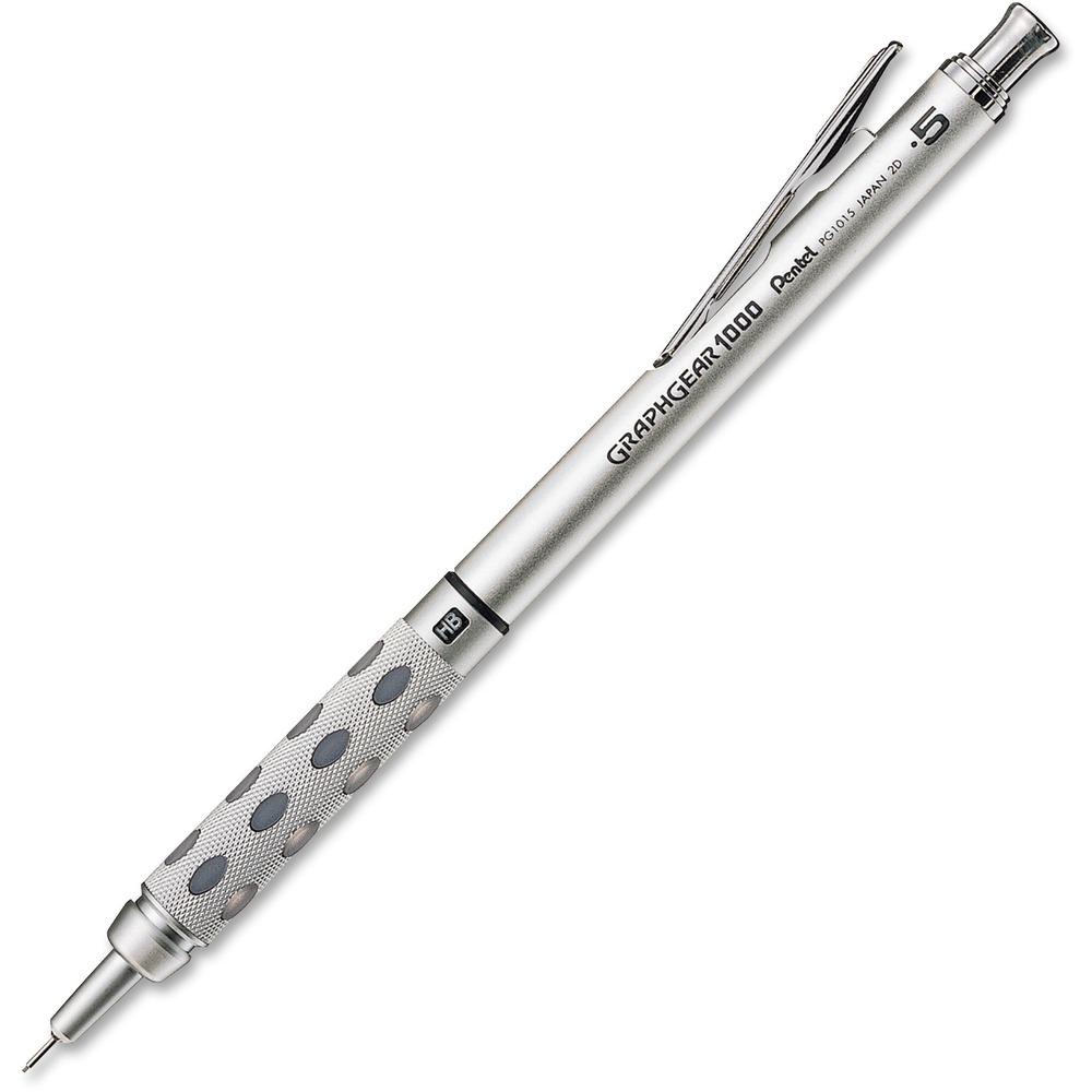 PENPG1015A - GraphGear 1000 Drafting Pencil is the superior drafting pencil for professionals and writing enthusiasts. Click the pencil to reveal an extra-long 4mm tip. Click the pocket clip to release the heavy spring mechanism and retract the tip. Finely chiseled metallic grip is inlaid with soft latex-free pads to cushion fingertips. Pentel Super Hi-Polymer lead is equivalent to a No. 2 wood-case pencil, guaranteed to scan on tests, resists breaking and never needs sharpening. Pencil is refillable with Pentel Super Hi-Polymer HB lead and Z2-1 eraser.