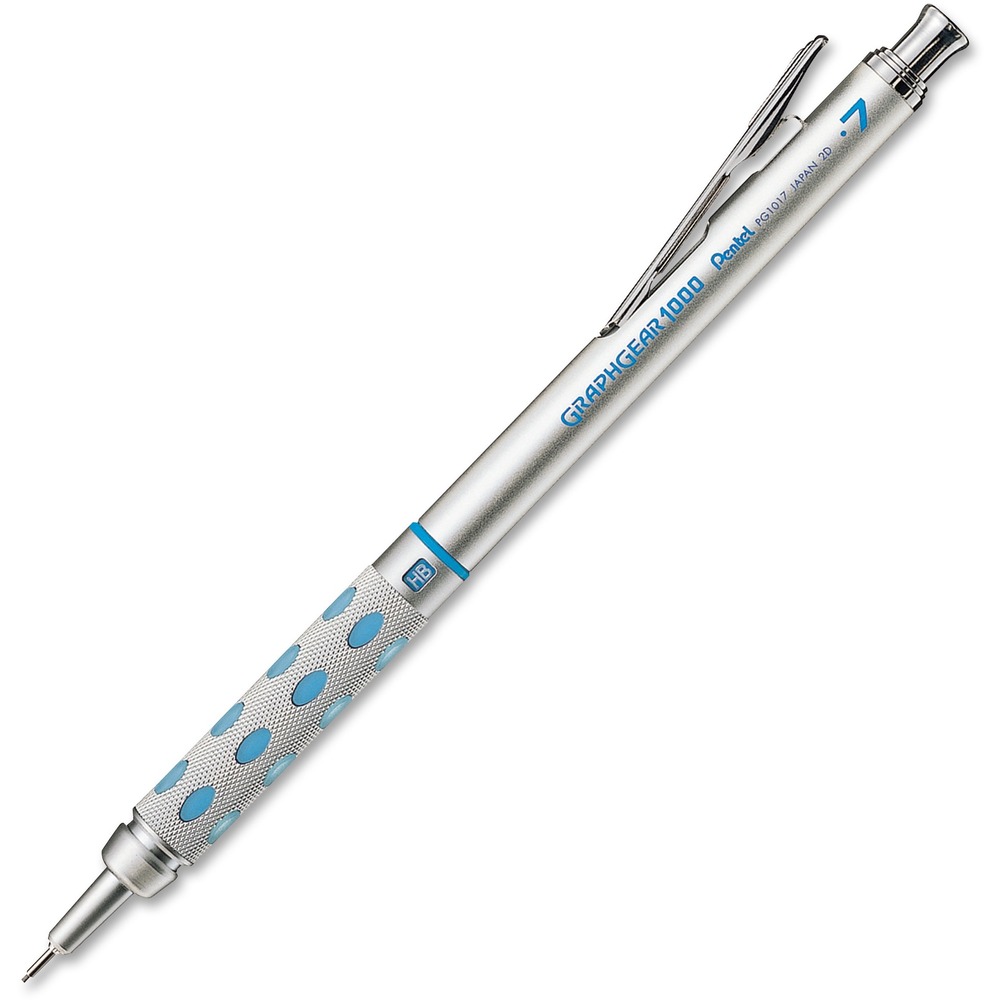 PENPG1017C - GraphGear 1000 Drafting Pencil is the superior drafting pencil for professionals and writing enthusiasts. Click the pencil to reveal an extra-long 4mm tip. Click the pocket clip to release the heavy spring mechanism and retract the tip. Finely chiseled metallic grip is inlaid with soft latex-free pads to cushion fingertips. Pentel Super Hi-Polymer lead is equivalent to a No. 2 wood-case pencil, guaranteed to scan on tests, resists breaking and never needs sharpening. Pencil is refillable with Pentel Super Hi-Polymer HB lead and Z2-1 eraser.