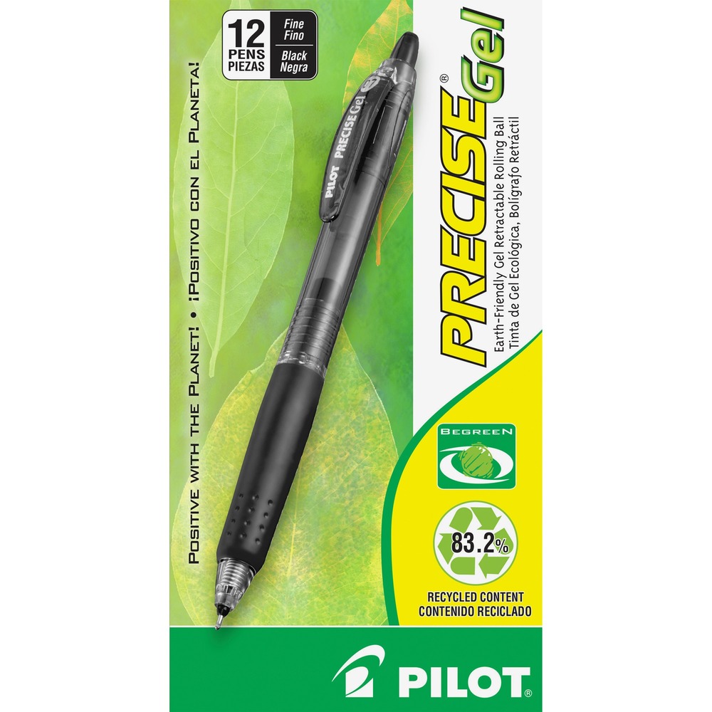 PIL15001 - Precise Gel BeGreen Pen is made with a high percentage of recycled material. Dynamic gel ink formula delivers smooth writing and smearproof ink. Design features patented Precise Needlepoint Technology, retractable rolling ball tip, and a rubber grip with traction pockets for easy gripping and long-lasting comfort. Fine point gel pen meets ISO 14001 and 14021 standards and is refillable with G2 and Q7 refills.