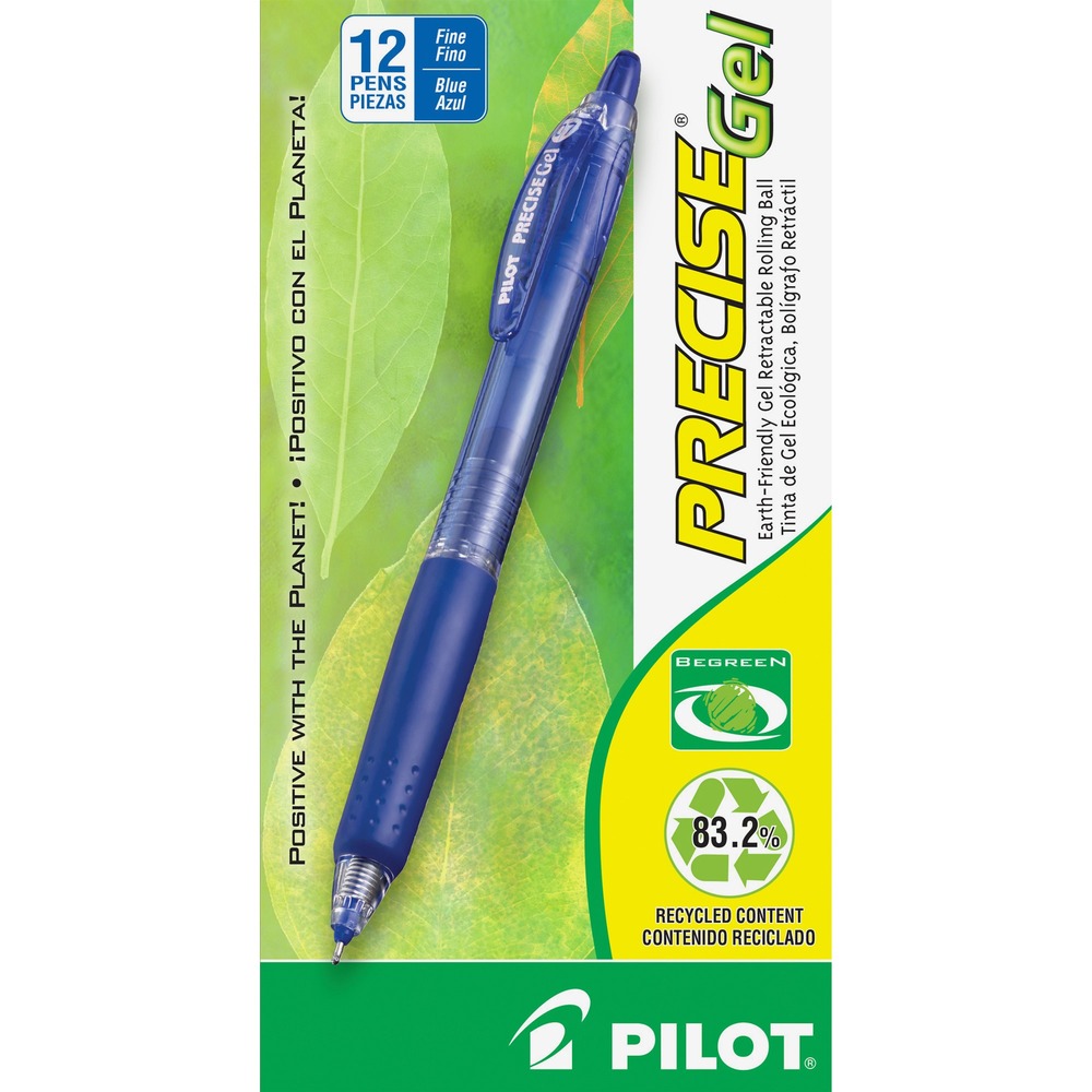 PIL15002 - Precise Gel BeGreen Pen is made with a high percentage of recycled material. Dynamic gel ink formula delivers smooth writing and smearproof ink. Design features patented Precise Needlepoint Technology, retractable rolling ball tip, and a rubber grip with traction pockets for easy gripping and long-lasting comfort. Fine point gel pen meets ISO 14001 and 14021 standards and is refillable with G2 and Q7 refills.