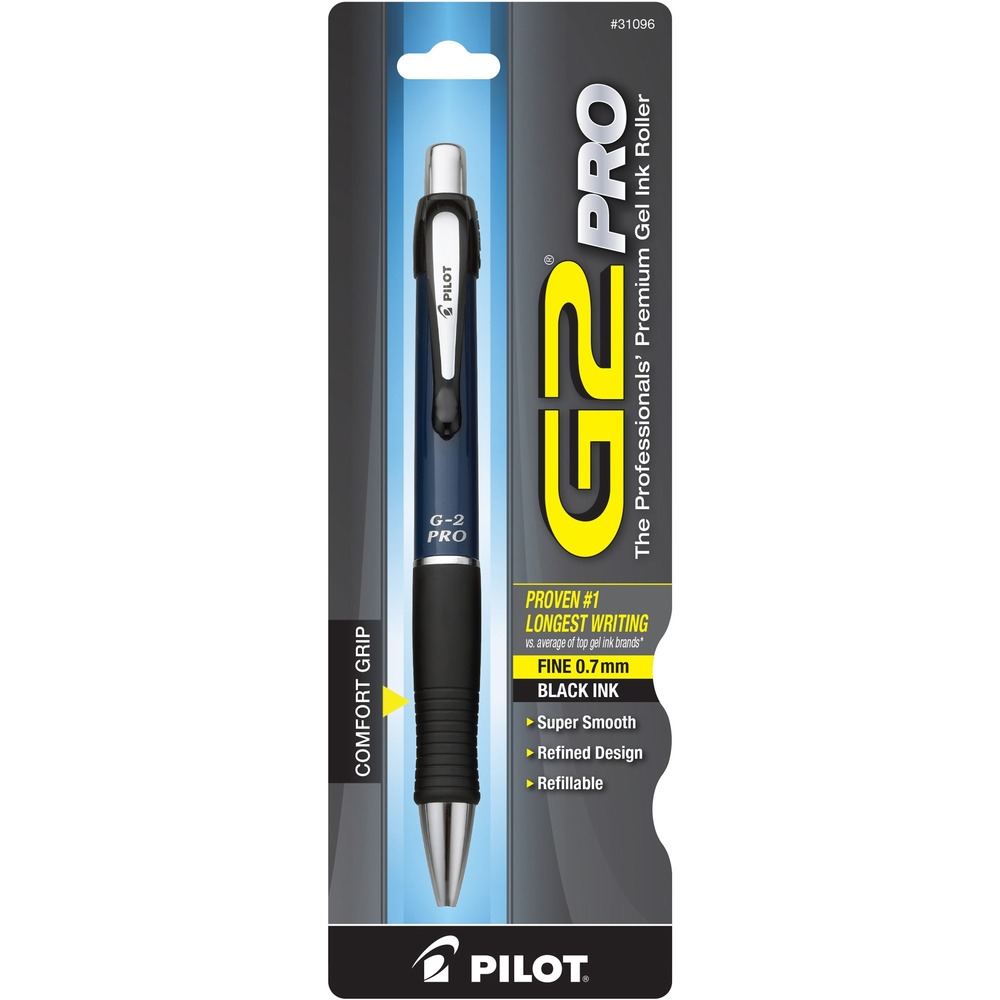 PIL31096 - G2 Pro Retractable Gel Ink Rolling Ball Pen offers sleek-looking style with metal accents and a contoured rubber grip. Fine point conveniently retracts so no stray marks on pockets or bags, and retractable tip means no cap to lose. Gel ink pens are refillable for lasting use.