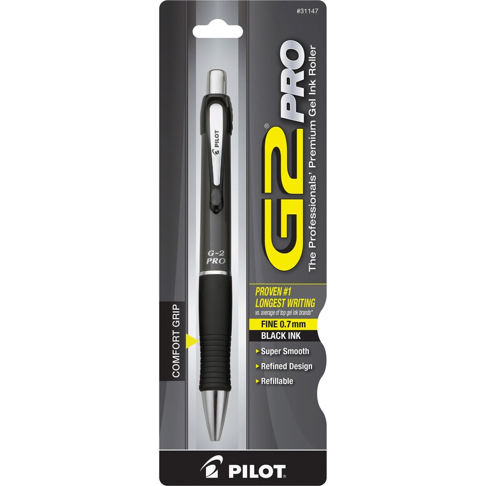 PIL31147 - G2 Pro Retractable Gel Ink Rolling Ball Pen offers sleek-looking style with metal accents and a contoured rubber grip. Fine point conveniently retracts so no stray marks on pockets or bags, and retractable tip means no cap to lose. Gel ink pens are refillable for lasting use.