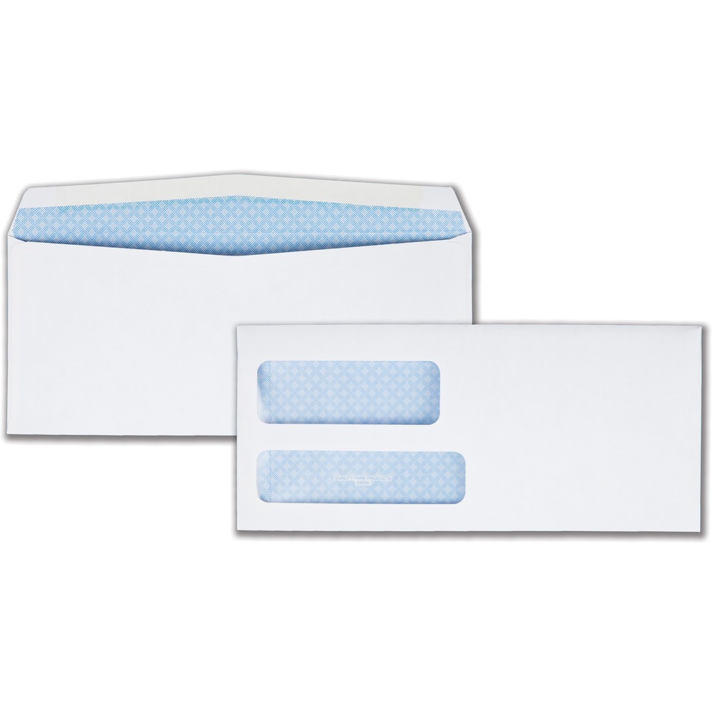 QUA24524 - No. 9 Double Window Envelopes display both sender and receiver addresses to mail statements and invoices. Reflex blue pattern protects sensitive client information by obscuring the details of the contents even when held up to light. 24 lb. white wove envelopes feature side seams for a clean, professional look. Gummed flap requires moisture. 3-7/8" x 8-7/8" envelopes include a top window that measures 1-3/16" x 3-1/2" and is positioned 3/8" from the left and 2" from the bottom. Bottom window measures 1" x 4" and is 3/8" from the left and 1/2" from the bottom.