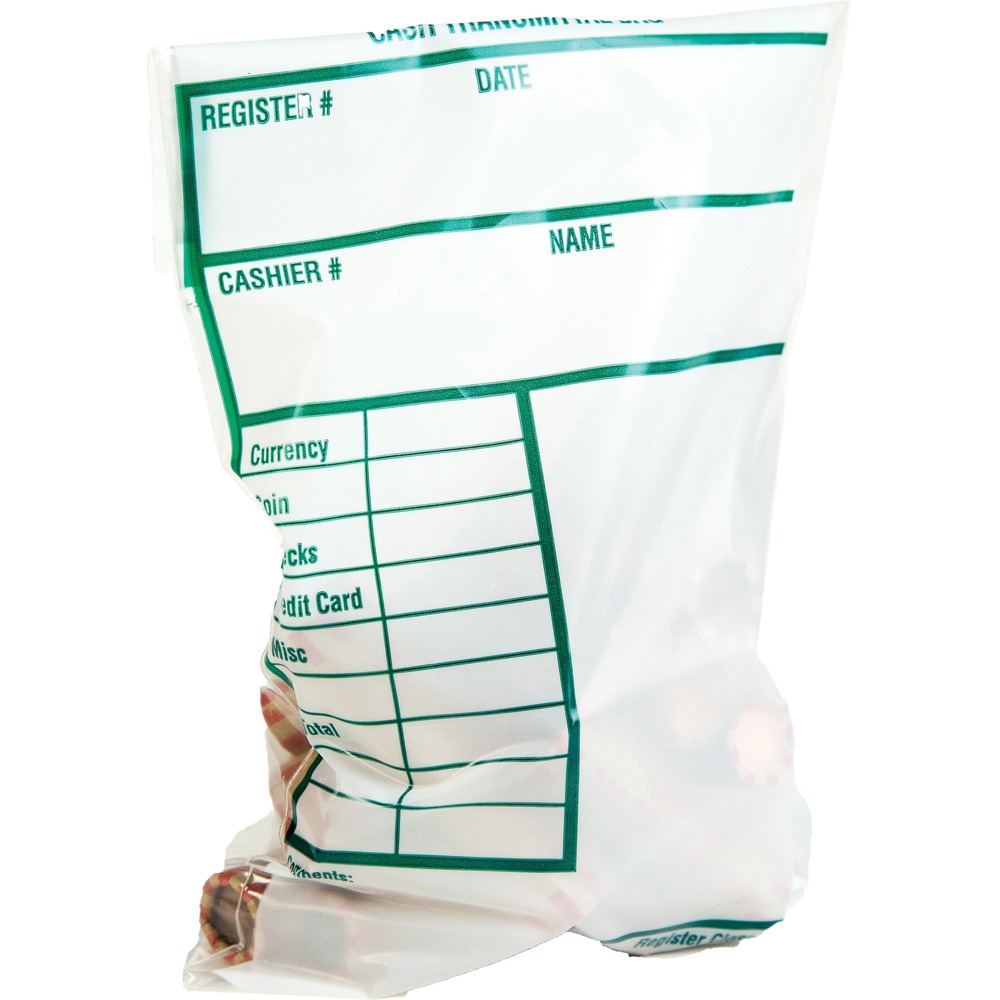 QUA45220 - Cash transmittal bags are designed to protect against pilferage. The easy-to-use seal is clear with a printed information block to record register number, currency/negotiables and personnel. Redi-Strip closures are tamper-evident. Poly bags also offer preprinted information blocks so you can easily fill out the date, register number, cashier identification, currency amount, coin total, check total, credit card total, two blocks for miscellaneous information before the grand total as well as a large section for comments.