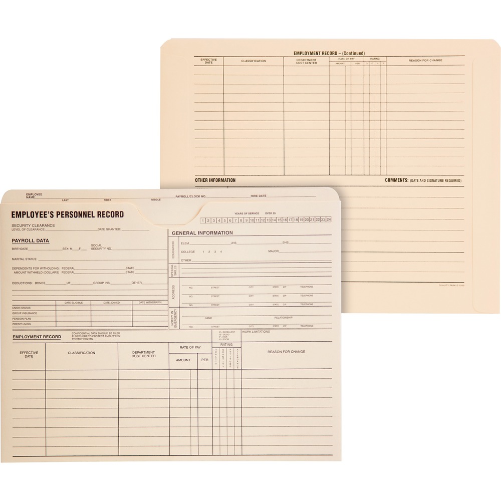 QUA69999 - Personnel Record Jackets offer the printed standard form of the employee's personnel record with black ink on front and back. Each jacket front offers a place to fill in general information about the employee, payroll data and employment record including effective dates for each classification and rate of pay. Jackets are made of 11 point quality tag.
