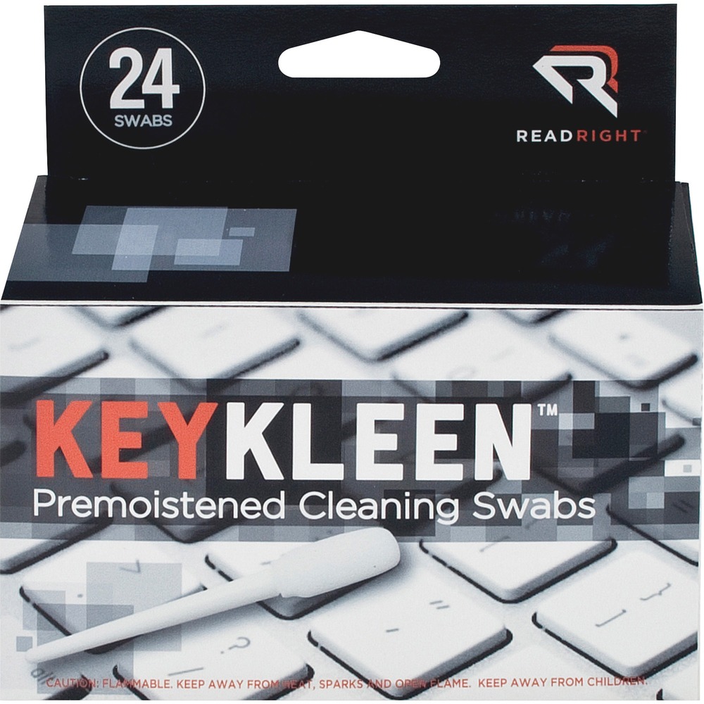 REARR1243 - Pre-moistened swabs remove accumulated dust and dirt on and around keyboard keys of microcomputers, word processors, CRT terminals and typewriters. Specially formulated solvent dries rapidly and leaves no residue.
