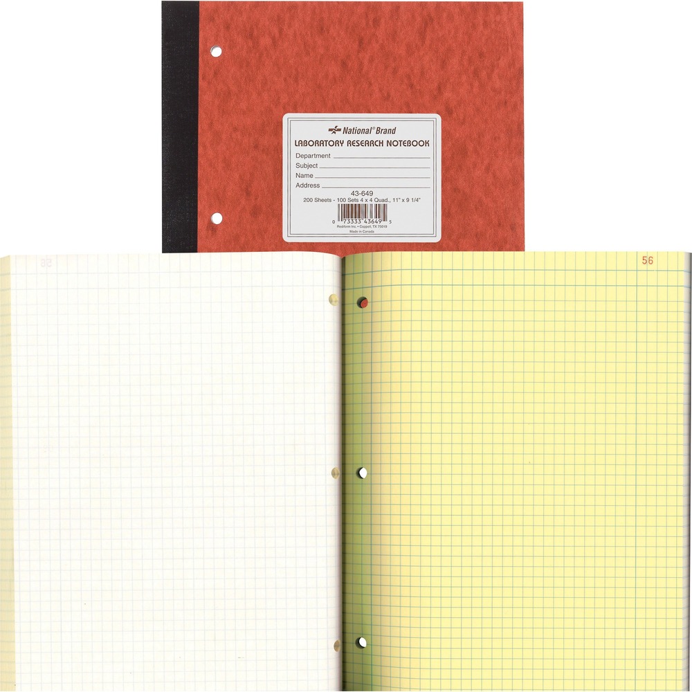 RED43649 - Laboratory Research Notebook features 100 numbered, duplicate sets with both sheets ruled with four squares per inch on the front of the page and plain on back. First sheet is bound. Duplicate is microperforated for easy removal. Notebook has a genuine Pressboard cover, stitched binding and three-hole punched edge to secure notebook in standard three-ring binders.