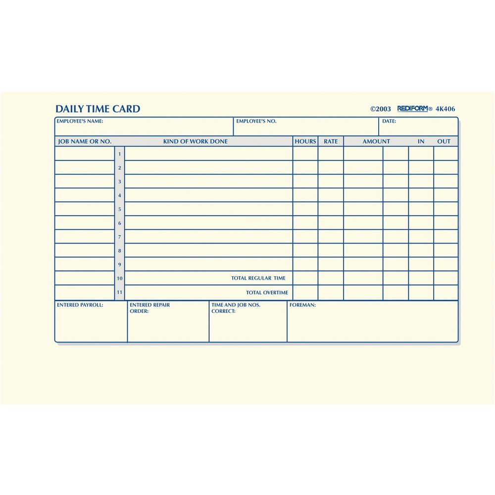 RED4K406 - Time card pad offers a daily, durable, convenient record of employee hours and keeps 100 time clock cards neatly together until needed. Each card is two-sided and unnumbered. The front offers designated blocks to fill in the employee's name, date, job names or numbers, kind of work, hours, rate, amount, total regular time and total overtime as well as in and out times. At the bottom, boxes are labeled, "Entered Payroll," "Entered Repair Order," "Time and Job Nos. Correct," and "Foreman." The back of the card details the work done, start times, stop times and elapsed times. Time card pad also features a flexible cover and 100 cards made of manila stock.