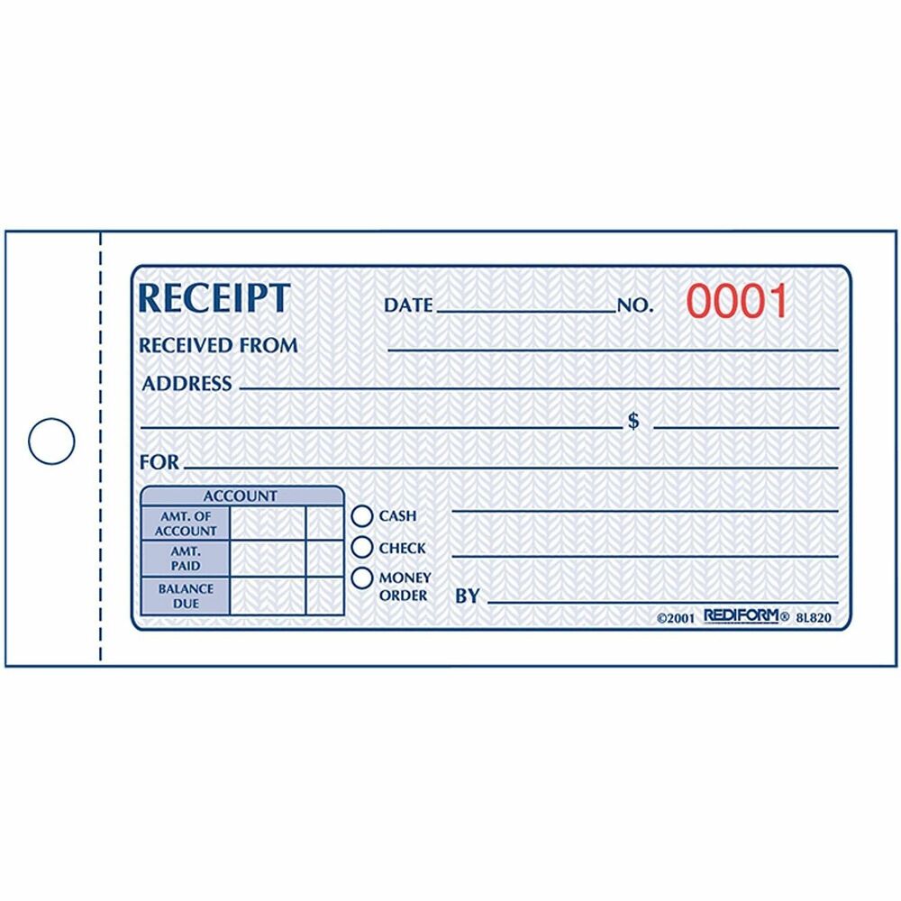 RED8L820 - Manifold book with a flexible cover contains carbonless receipt forms that are consecutively numbered in red. Each page contains two-part forms with the original in white and the duplicate in yellow. Duplicates feature black print. Security screen prevents alterations. Each form includes a place for date, payment amount, name of payer, payer's address, item description, and recipient name. A chart along the bottom breaks down the payment and includes boxes to fill in the amount of account, amount paid, balance due and payment method. Three circles preprinted with cash, check and money order are located beside the chart and allow you to check off the method payment. Receipt book contains 50 sets.