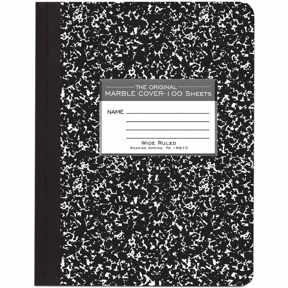 ROA77230 - Record your notes in this permanently bound composition book with 100 sheets. Smooth, 15 lb. writing paper is wide-ruled in blue and has a red margin line. Covers are made with a hard white board that is printed with a real marble-look pattern in black. Inside covers are printed with class schedule and other useful information. Each book is produced with center-sewn and tapebound construction and not designed for sheet tearout.