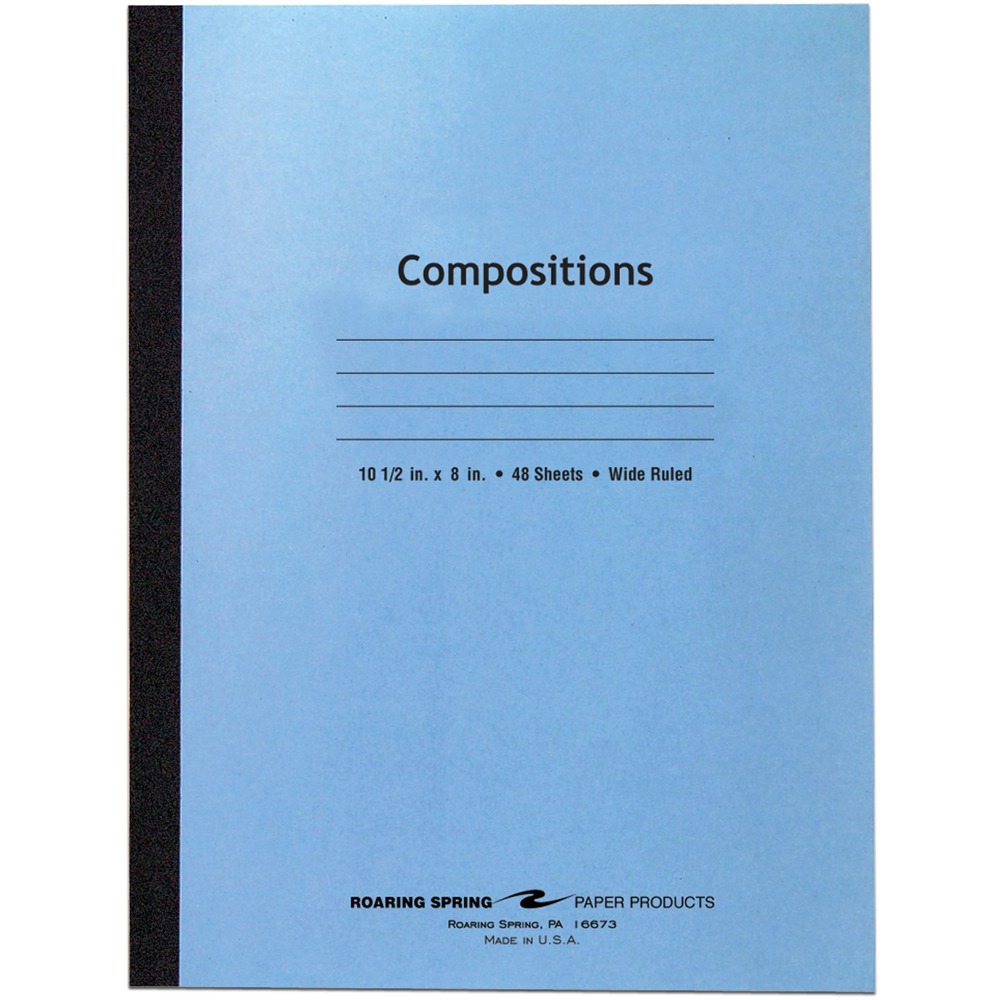 ROA77501 - Record your notes in this permanently bound composition book. Paper is smooth, 15 lb. writing paper with wide-ruled blue lines and a red margin line. Covers are a 7 point blue tag. Each book is produced with center-sewn and tape-bound construction - not designed for sheet tear-out. Sheet size is 10-1/2" x 8". Each book contains 48 sheets.
