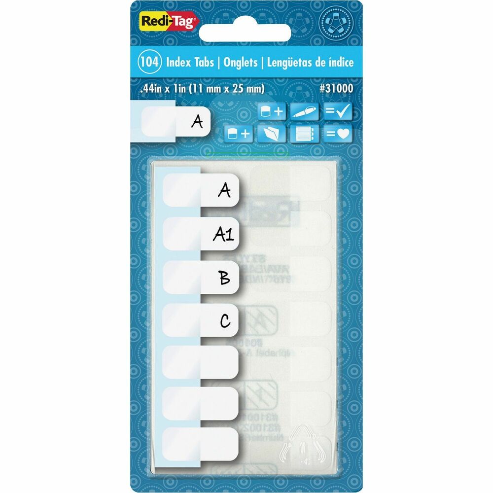 RTG31000 - Create a personalized index with these permanent adhesive tabs. Tabs are self-stick and attach to side or bottom of a page for easy viewing. 1" x 7/16" plastic tabs with white index area.