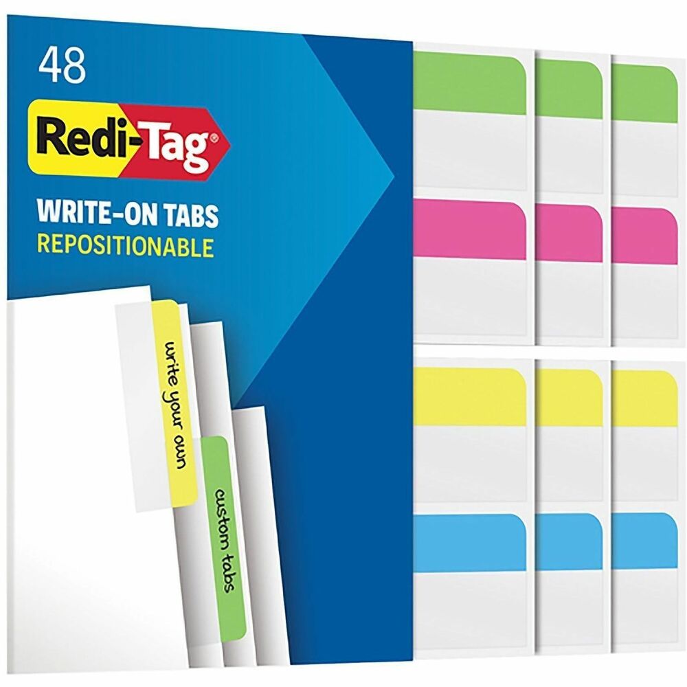 RTG33248 - Use as temporary indexes or flags on any size document or bound material. Easily reposition. Clear, adhesive half will stick to where you need them, on documents, files, in your planner, textbooks, and more. Remove when reference is no longer needed. Write on color area with ballpoint pen, pencil or permanent marker. Assortment includes 12 tabs each of blue, yellow, magenta and green.