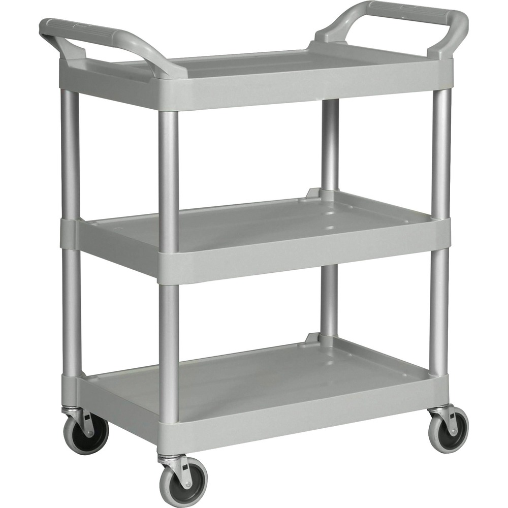 RCP342488PM - Three-shelf, utility cart is versatile for audiovisual, video, filing and foodservice purposes and offers a high-style appearance with brushed aluminum uprights. Smooth surfaces are easy to clean. Quiet casters and plastic construction help eliminate noise. Shelves feature a 1/4" lip on three sides and one flat side for easy loading. Cart holds a total of up to 200 lb. Maneuver cart easily with dual-molded handles and 4" nonmarking swivel casters.