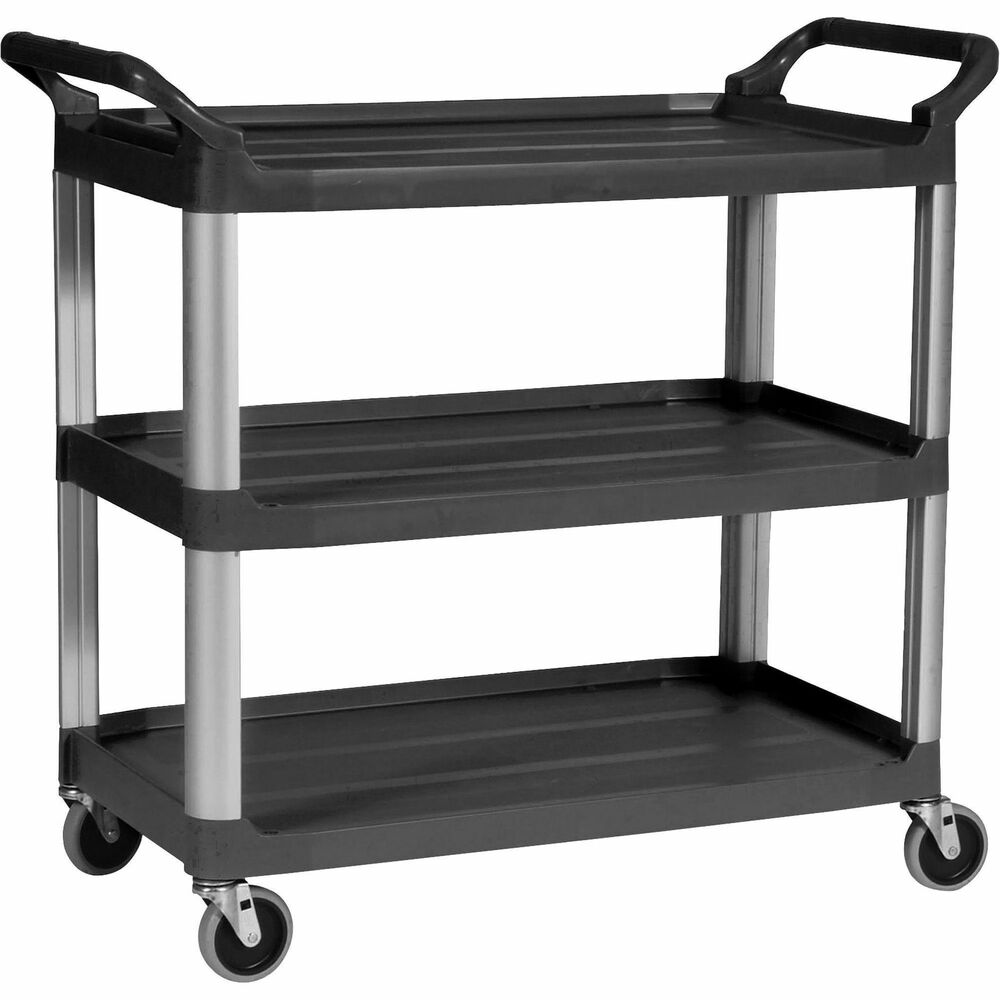 RCP409100BK - Three-Shelf Utility Cart is ideal for moving equipment from office to conference room. Design features tough, structural web construction; aluminum frame with 4" nonmarking casters and a large 20" x 40" three-shelf work area. Textured surface resists scratching. Utility cart holds up to 300 lb.