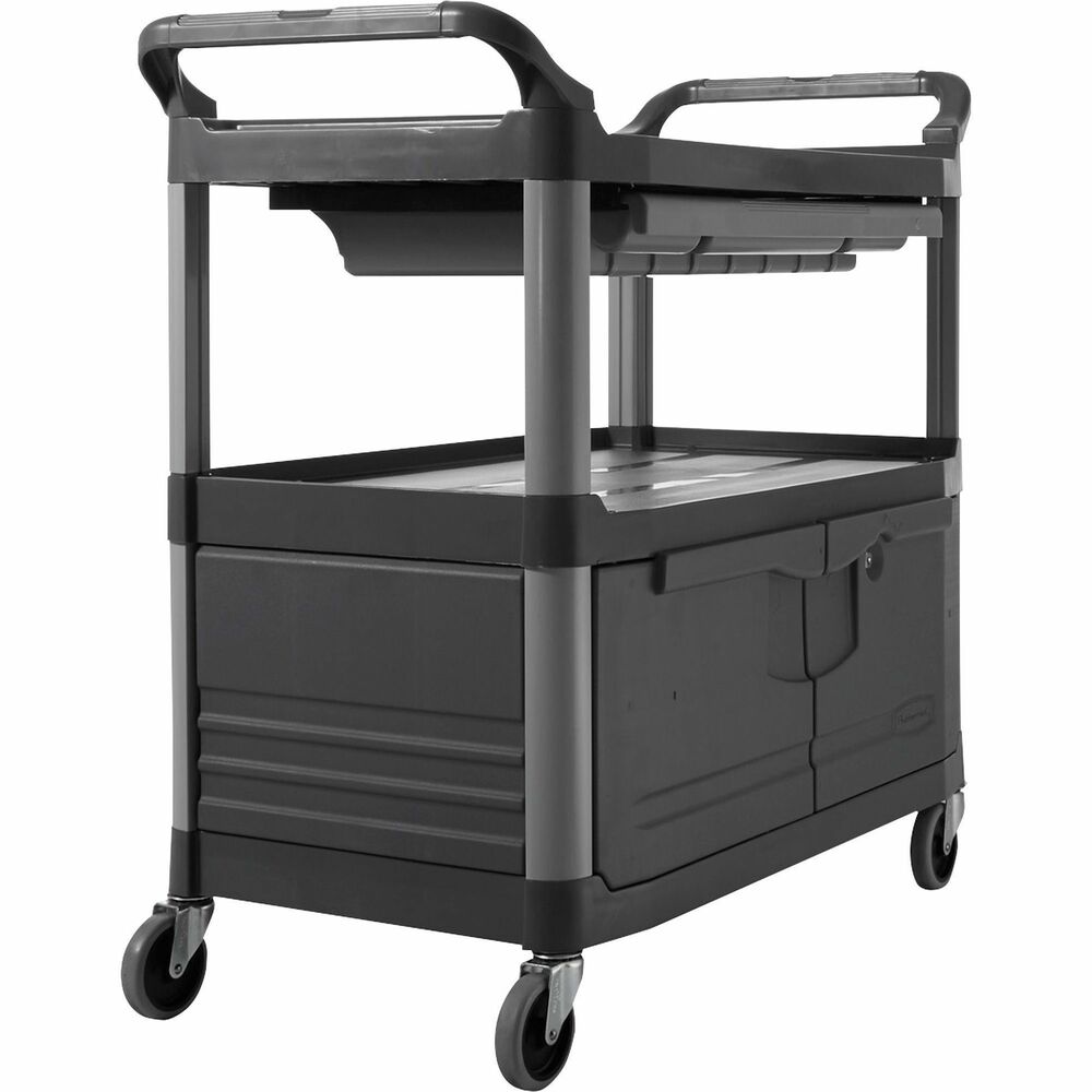 RCP409400 - Storage/instrument cart is durable and attractive enough for public and behind-the-scenes application. Smooth shelves are easy to clean. Large top work area measures 20" x 40" and features a full-size sliding drawer underneath. The open shelf below has the same measurement. The enclosed bottom shelf has locking doors to secure contents. The tough, structural web construction holds up to 300 lb. Large 4" casters are nonmarking to protect your floors. Sturdy handles on both sides make the cart easily to navigate.