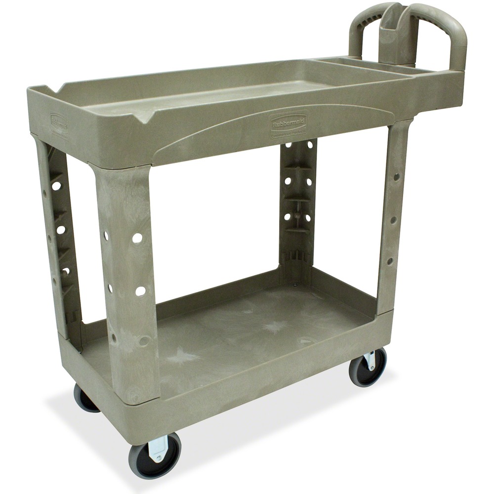 RCP450088BG - Two-tiered utility cart offers high-density, structural resin construction with rounded corners. Grip-height handle improves control and worker safety. Deep-pocketed top shelf keeps contents in place. Design also includes molded-in storage compartments, holsters, hooks and notches. Bottom shelf is also lipped to secure contents. Weight capacity is 500 lb. Ideal for transporting materials, supplies and heavy loads. Cart is equipped with four 5" nonmarking rubber casters, including two that swivel. TPR casters absorb shock and provide floor surface protection and quiet operation. Casters roll easily on linoleum, tile, terrazzo, wood, smooth concrete and carpet.