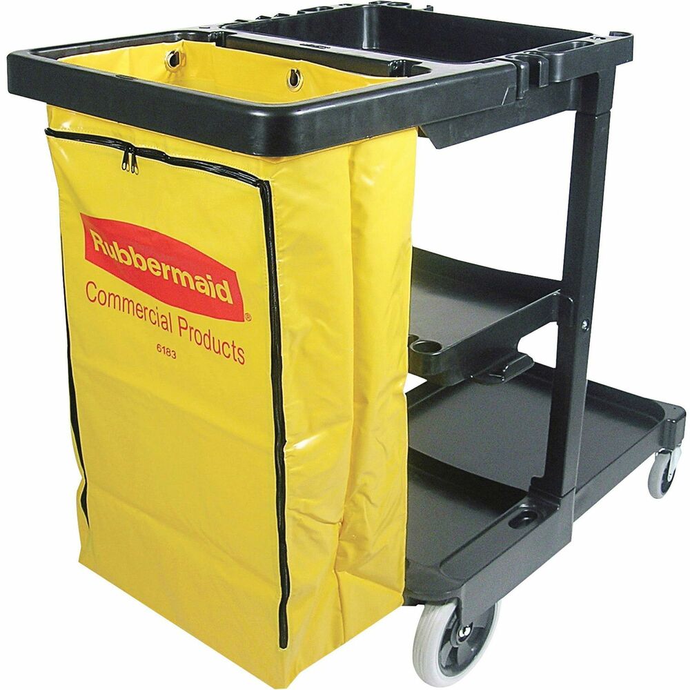 RCP617388 - Janitor cart offers a smooth, easy-to-clean surface and innovative features to improve staff efficiency. Design includes three shelves for supplies; hooks and holders for mop handles, broom handles and lobby dustpan; paper towel holder; and zippered, 25-gallon vinyl bag. Wire form holder keeps polyliner secure. Platform holds 32-gallon container or standard-size buckets (not included). Janitor cart rolls on nonmarking 8" rear wheels and 4" nonmarking casters. Replacement vinyl bag is sold separately.