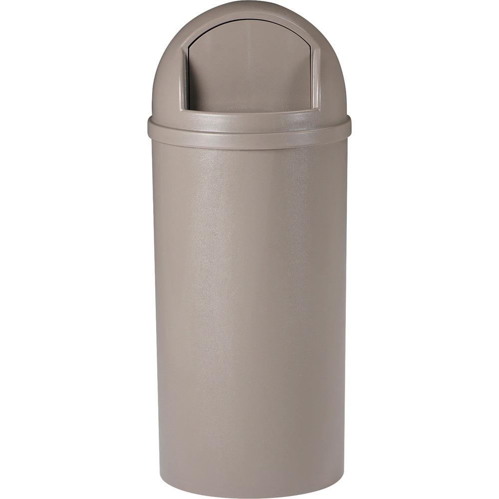 RCP816088BG - Marshal Waste Container is a durable receptacle suitable for a variety of indoor or sheltered outdoor areas. The textured surface hides scratches. Ultraviolet stabilizer on the fiberglass trash can help prevent discoloration and fading. Included retainer hardware secures and conceals can liners. Self-closing door conceals waste. Domed top makes it easy to remove. This product meets the Americans with Disabilities Act of 2010 and is FM-approved for combustible waste containers.