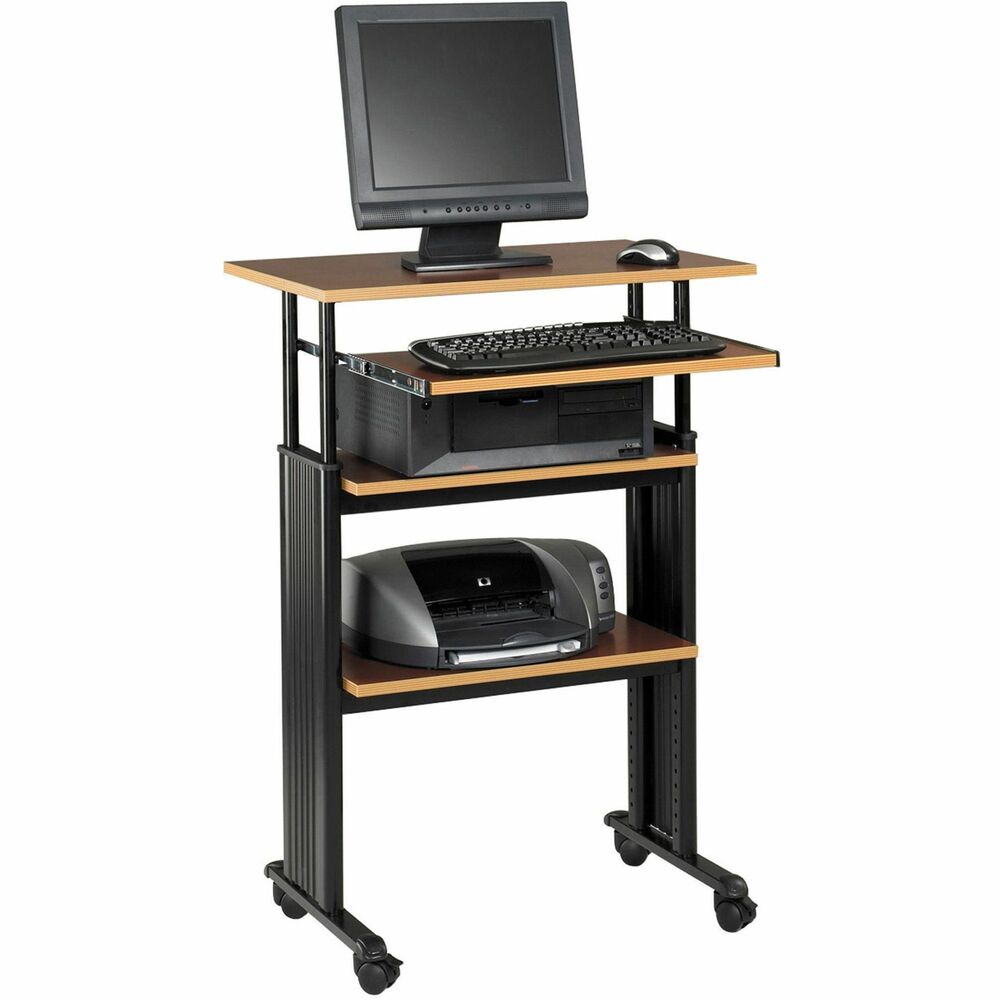 SAF1929CY - Stand-up workstation adjusts in height from 35" to 49". Designed for stand-up computer work. Keyboard tray extends 9-3/4" and retracts under the worksurface when not in use. Keyboard tray holds up to 25 lb. The desktop holds up to 100 lb. Design includes a heavy-duty steel frame with powder-coat finish, 3/4" compressed wood shelves, and snap-on cable management side covers. Worksurface measures 29-1/2" wide x 19-3/4" deep, and keyboard shelf is 22-3/4" wide x 13-1/2" deep. Roll stand-up workstation easily on four casters (two locking).