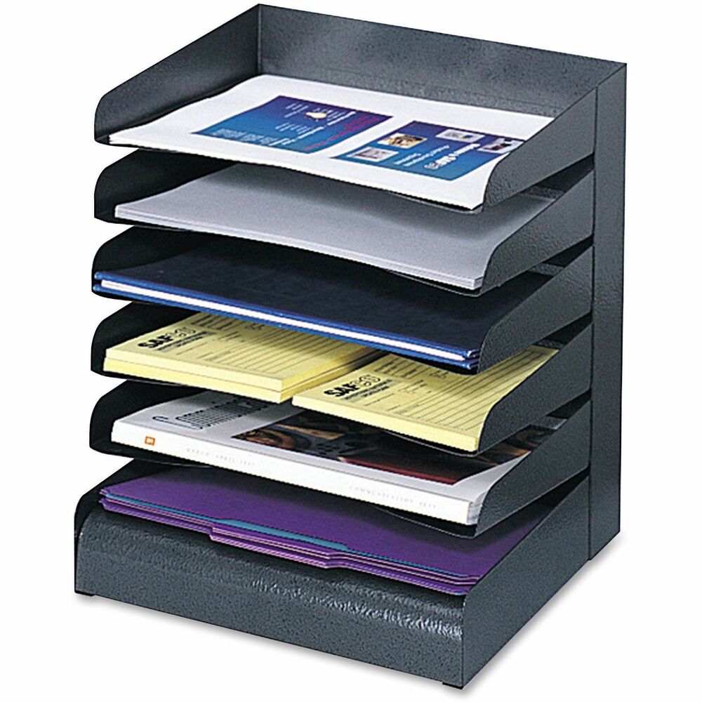 SAF3128BL - Classic office desk tray sorter offers contemporary finish. Slanted shelves feature finger notch-outs for convenient access. Decorative, textured powder-coat finish in black is durable and resists fingerprints. Desk tray is recyclable.