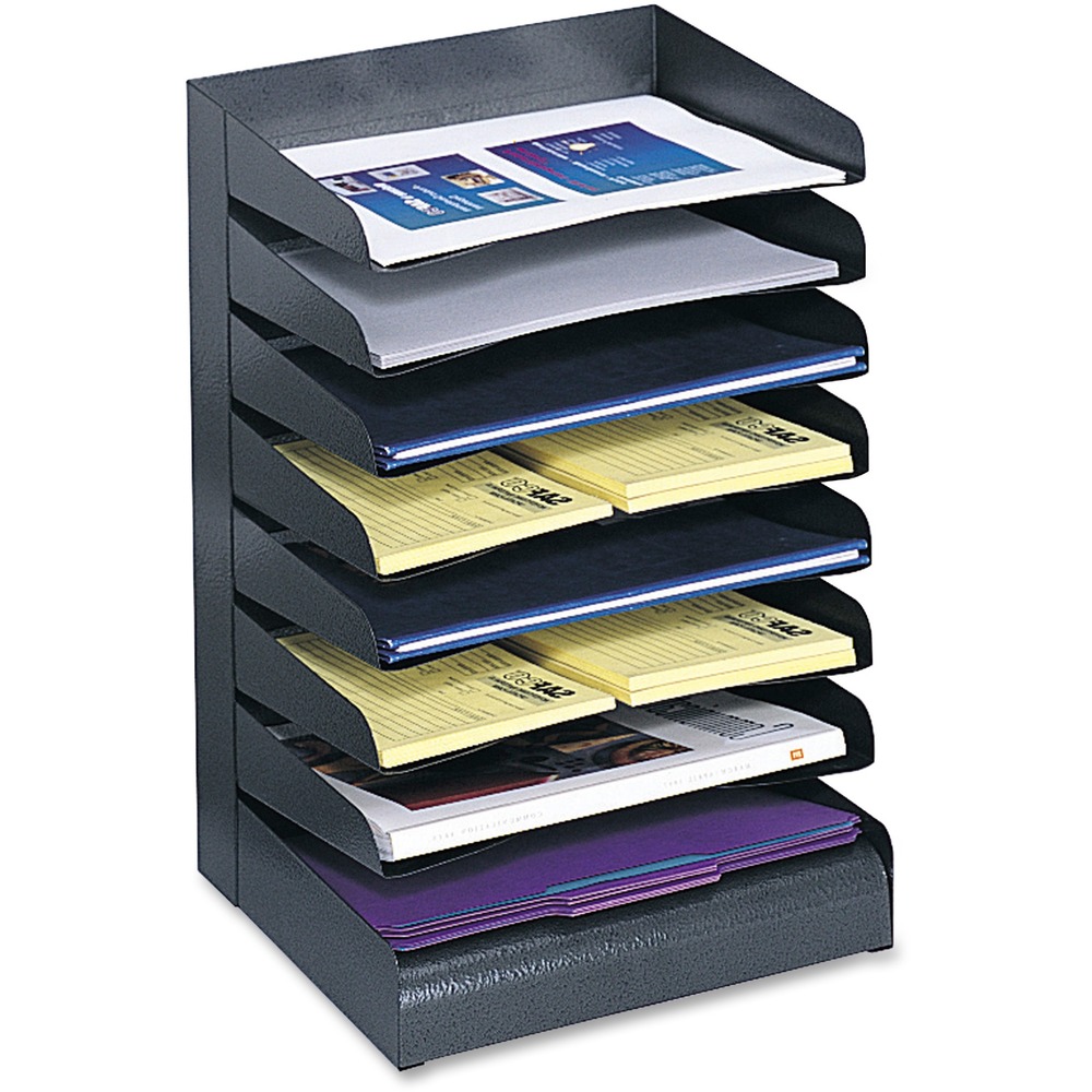 SAF3129BL - Classic office desk tray sorter offers contemporary finish. Slanted shelves feature finger notch-outs for convenient access. Decorative, textured powder-coat finish in black is durable and resists fingerprints. Desk tray is recyclable.