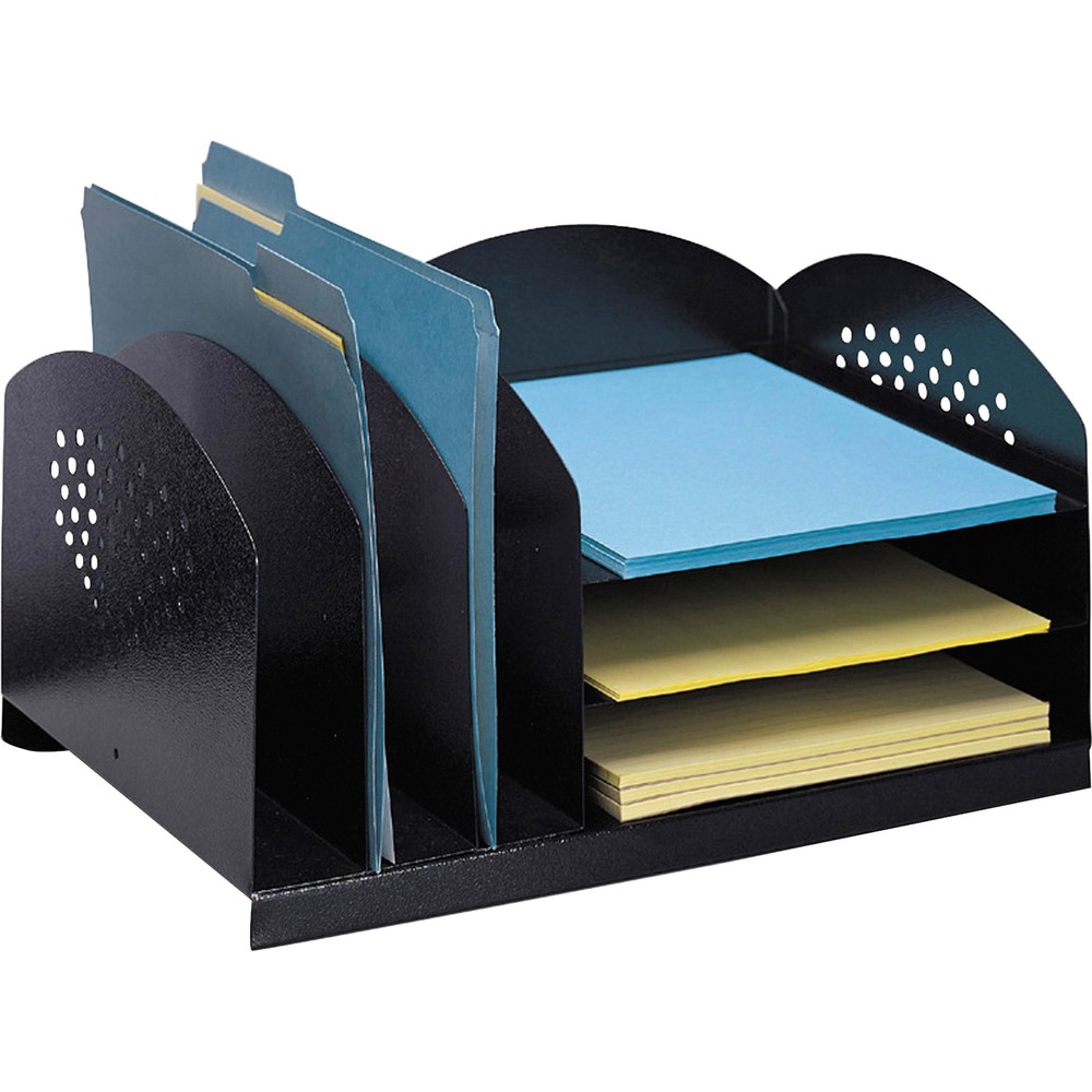SAF3167BL - Desk organizer features three horizontal and three vertical filing compartments to hold paperwork, file folders, books, binders and more all in the same place. Three horizontal compartments accommodate letter-size documents and folders. Three vertical sections on top hold file folders, smaller binders and more. Rubber feet on bottom protect desktop surface. Organizer is made of 17 gauge steel with a powder-coat finish.