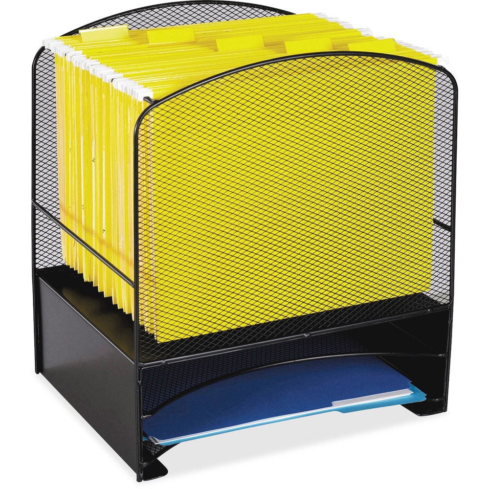 SAF3260BL - Rack is made of sturdy steel mesh with a black powder-coat finish. Design features letter-size hanging file rack on top with two 2" high horizontal trays on bottom. Greenguard Certified.