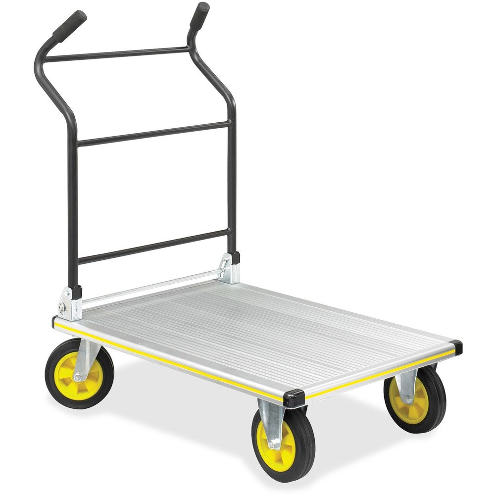 SAF4053NC - Heavy-duty, Stowaway Platform Truck offers quick release and holds up to 1000 lb. Fold-down tubular steel handle extends to a comfortable moving height or down for storage. Design includes aluminum frame and decking for high-capacity loads. Four solid rubber tires have a 7" diameter, and the front two swivel. Platform measures 24" wide x 35-1/4" deep. Platform truck weighs 40 lb.