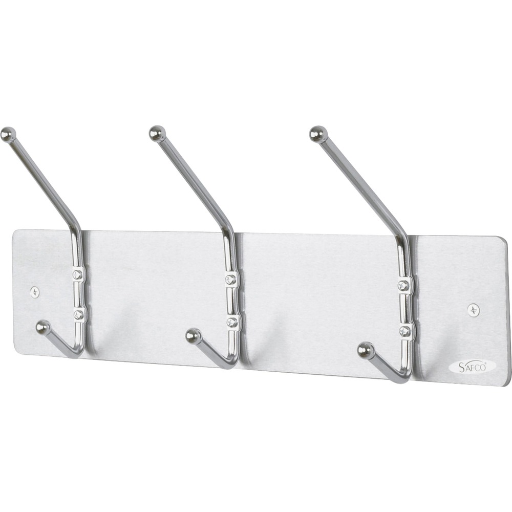 SAF4161 - Wall Rack Coat Hooks with three double hooks are perfect for welcoming guest in small reception areas or workplace areas. Your guests will have a place to hang their hat or coat. Chrome finish fits in any work-space decor. Steel, double hooks are mounted on a satin aluminum back plate. Ball tips prevent damage to garments while keeping them in place. Mount three-hook rack to any wall with included hardware. Each hook holds 10 lb.