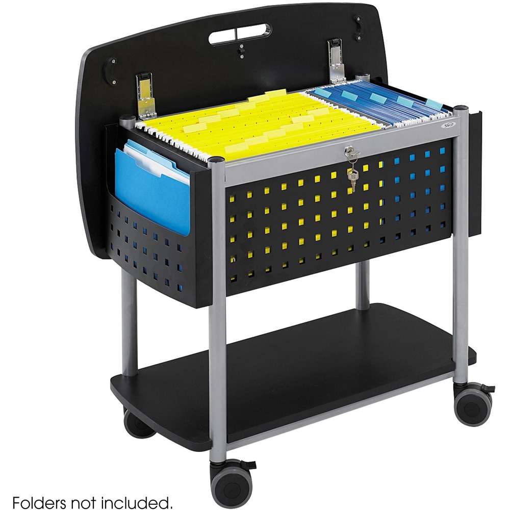 SAF5370BL - Mobile file with locking top is an extremely functional, versatile file cart with a contemporary look. Designed to accommodate letter-size or legal-size file folders. Offers additional pockets on either end for active files. The generous-sized, 18-3/4" x 29-7/8" laminate top can double as additional work space. Bottom shelf provides additional storage. 3" oversized swivel casters (two locking) deliver easy mobility. Mobile file holds a total of 200 lb. with a 100 lb. capacity per level. Steel mobile file easily slides under worksurface when not in use.