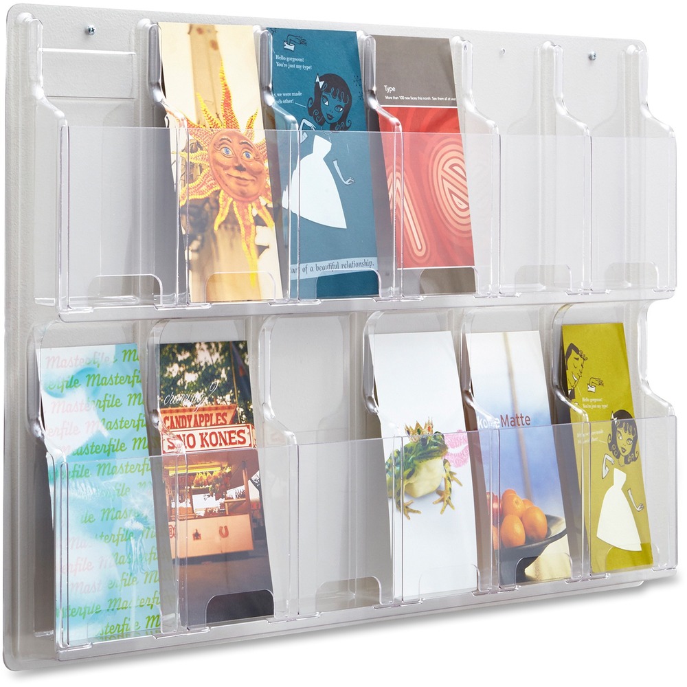 SAF5604CL - Display rack features 12 pamphlet pockets. Each pocket holds up to 1-3/4" of material. Unobtrusive, break-resistant, crystal clear plastic rack blends into any office environment. Display insert keeps magazines, pamphlets and other literature straightened while preventing curling and flopping of pocket contents. Thermoformed one-piece units have no sharp edges or corners. Use included hardware to mount to a wall. Each pamphlet pocket is 4-1/4" wide x 9-3/8" high. Display rack weighs 6 lb.