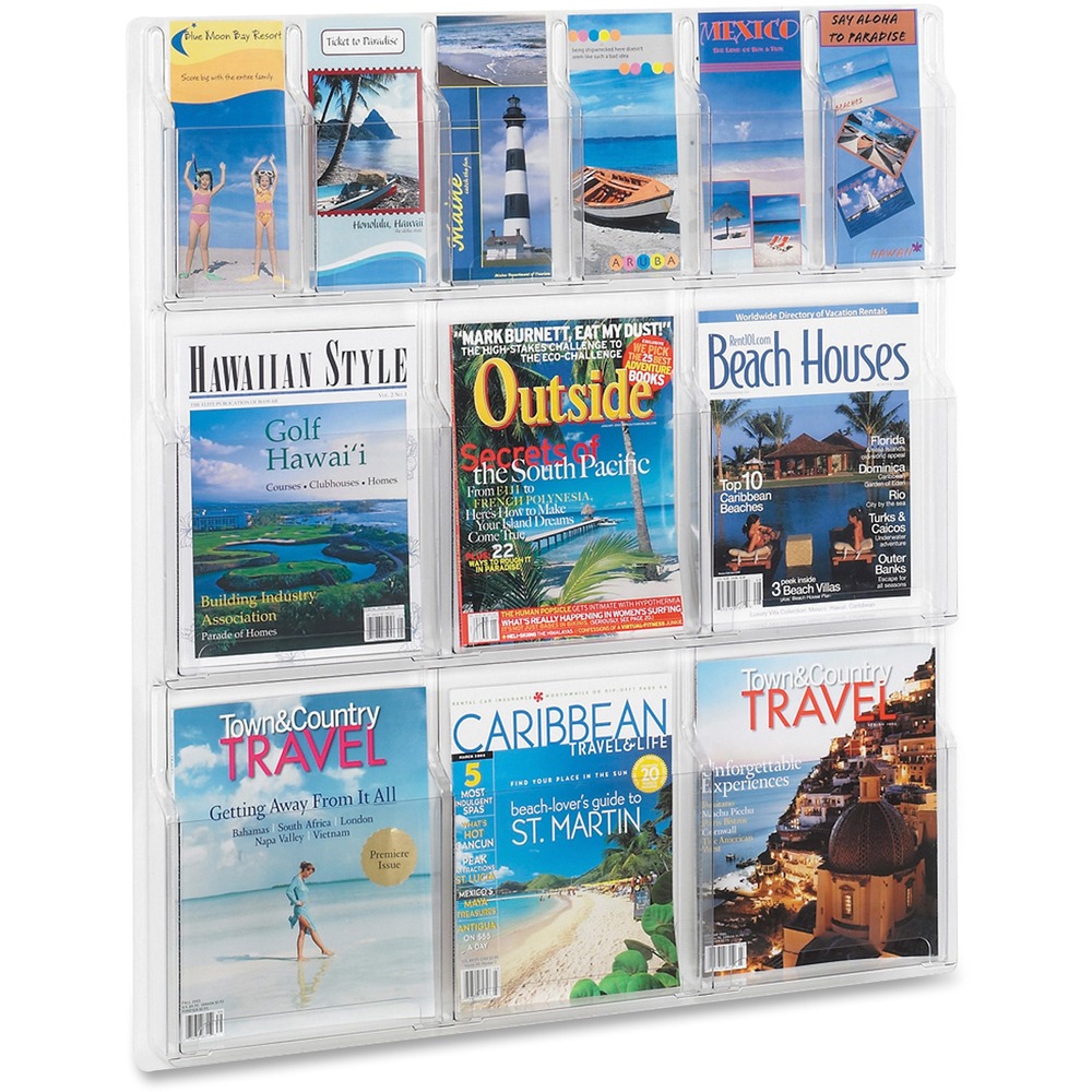 SAF5606CL - Display rack features six magazine pockets and six pamphlet pockets. Each pocket holds up to 1-3/4" of material. Unobtrusive, break-resistant, crystal clear plastic rack blends into any office environment. Display insert keeps magazines, pamphlets and other literature straightened while preventing curling and flopping of pocket contents. Thermoformed one-piece units have no sharp edges or corners. Use included hardware to mount to a wall. Each magazine pocket measures 9-1/4" wide x 11-1/4" high. Each pamphlet pocket is 4-1/4" wide x 9-3/8" high. Display rack weighs 11 lb.