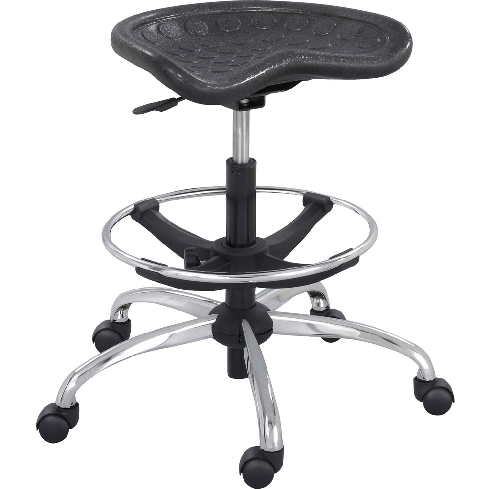 SAF6660BL - Stool with chrome base pneumatically adjusts to accommodate desk-height and counter-height activities from 27" to 34". Oversized tractor-shaped seat is made of PVC-coated gel molded onto a metal frame. Stool holds 250 lb. Functions include pneumatic seat-height adjustment and 360-degree swivel. 26" five-star chrome base has an adjustable footring and 2" dual-wheel carpet casters. Backrest is sold separately.