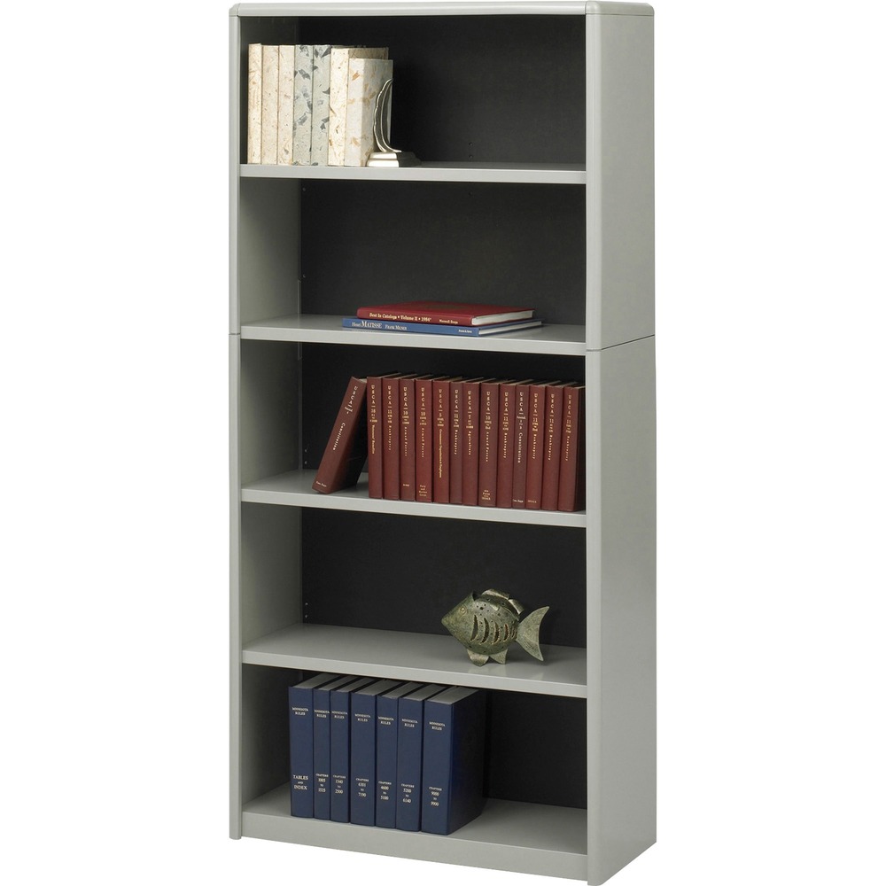 SAF7173GR - Five-shelf bookcase features a strong steel exterior, shelf construction, and solid fiberboard back. Plastic, snap-in radius corners make assembly easy and add to the overall strength. Shelves, except the bottom one, adjust at 1" increments during assembly. Generous 12" deep steel shelves accommodate three-ring binders and large publications. Each shelf accommodates approximately 70 lb. evenly distributed.