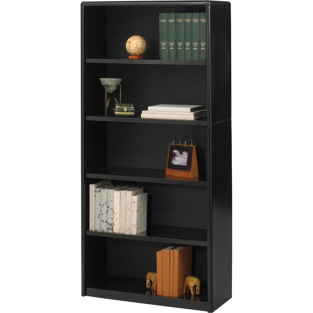 SAF7174BL - Six-shelf bookcase features a strong steel exterior, shelf construction, and solid fiberboard back. Plastic, snap-in radius corners make assembly easy and add to the overall strength. Shelves, except the bottom one, adjust at 1" increments during assembly. Generous 12" deep steel shelves accommodate three-ring binders and large publications. Each shelf accommodates approximately 70 lb. evenly distributed.