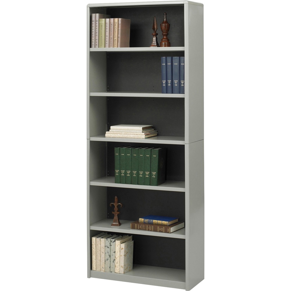 SAF7174GR - Six-shelf bookcase features a strong steel exterior, shelf construction, and solid fiberboard back. Plastic, snap-in radius corners make assembly easy and add to the overall strength. Shelves, except the bottom one, adjust at 1" increments during assembly. Generous 12" deep steel shelves accommodate three-ring binders and large publications. Each shelf accommodates approximately 70 lb. evenly distributed.