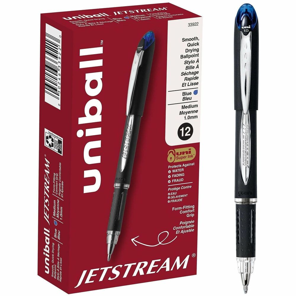 UBC33922 - Write with greater speed and efficiency using JETSTREAM Ballpoint Stick Pens from uniball featuring a 1.0mm medium point. The pens deliver an incredibly fast, clean writing experience that helps you jot down your thoughts and ideas quickly. Combining the silky smoothness and vivid vibrancy of a gel pen with the fast-drying efficiency of a ballpoint, these JETSTREAM ballpoint pens offer the best of both worlds. Quick-drying ink resists smudges and smears, making this pen suitable for left-handed writers. An embossed grip offers better control when writing. Contemporary stainless steel accents give these indelible ink pens a stylish appeal. JETSTREAM stick pens feature pigment-based uni Super Ink technology that settles deep into the paper, offering three-way protection against fraud, fading and water. The medium point delivers strong, bold lines, giving your documents and signatures excellent readability.