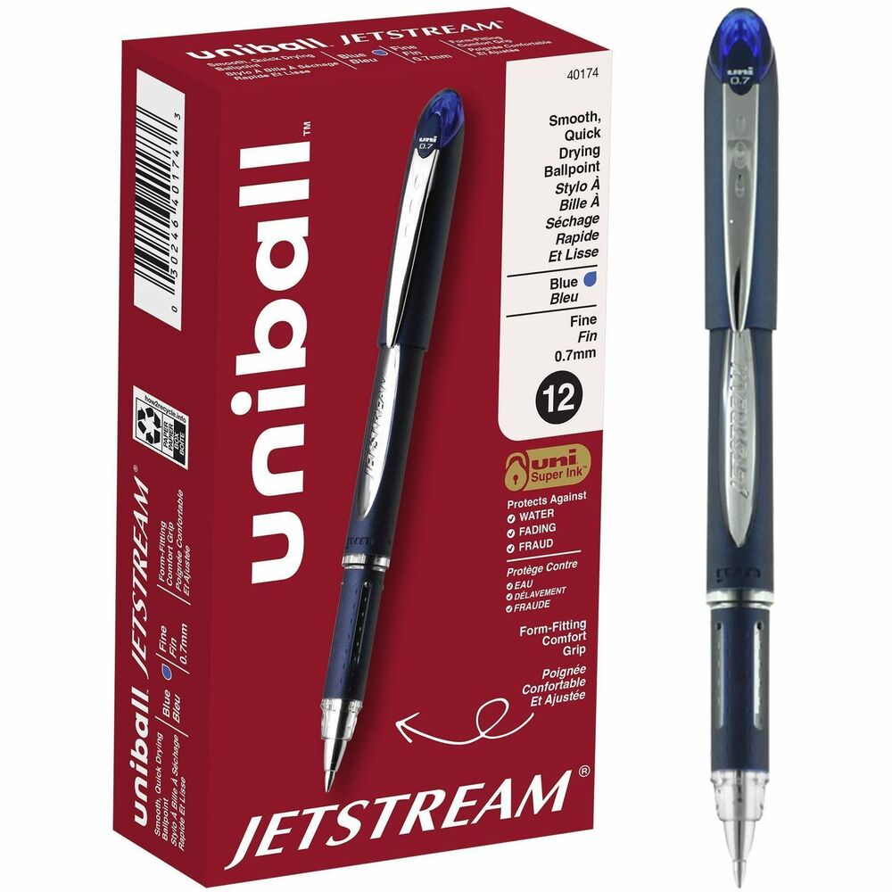 UBC40174 - Write with greater speed and efficiency using JETSTREAM Ballpoint Stick Pens from uniball featuring a 0.7mm fine point. The pens deliver an incredibly fast, clean writing experience that helps you jot down your thoughts and ideas quickly. Combining the silky smoothness and vivid vibrancy of a gel pen with the fast-drying efficiency of a ballpoint, these JETSTREAM ballpoint pens offer the best of both worlds. Quick-drying ink resists smudges and smears, making this pen suitable for left-handed writers. An embossed grip offers better control when writing. Contemporary stainless steel accents give these indelible ink pens a stylish appeal. JETSTREAM stick pens feature pigment-based uni Super Ink technology that settles deep into the paper, offering three-way protection against fraud, fading and water. The fine point delivers precise lines, suitable for all of your writing and creative projects from taking notes to drawing and illustrating.